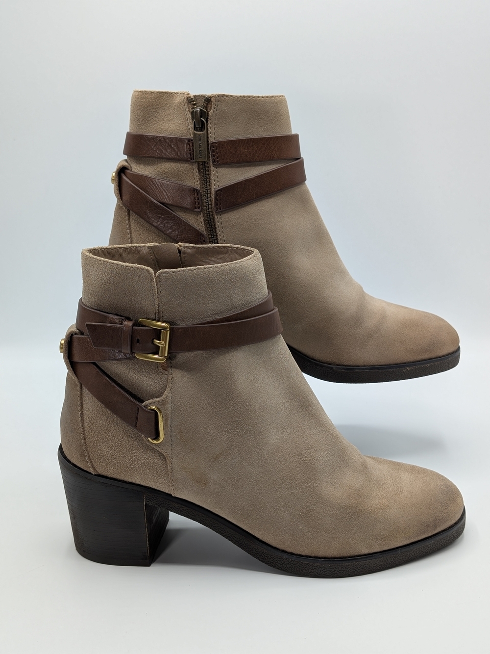 Michael Kors Women 8 Taupe Suede Ankle Boots Brown Leather Straps Block Heel